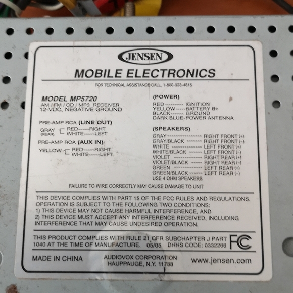 Jensen CD Car Stereo for Repair or Parts, Not Tested, Model MP5720 - Picture 5 of 7